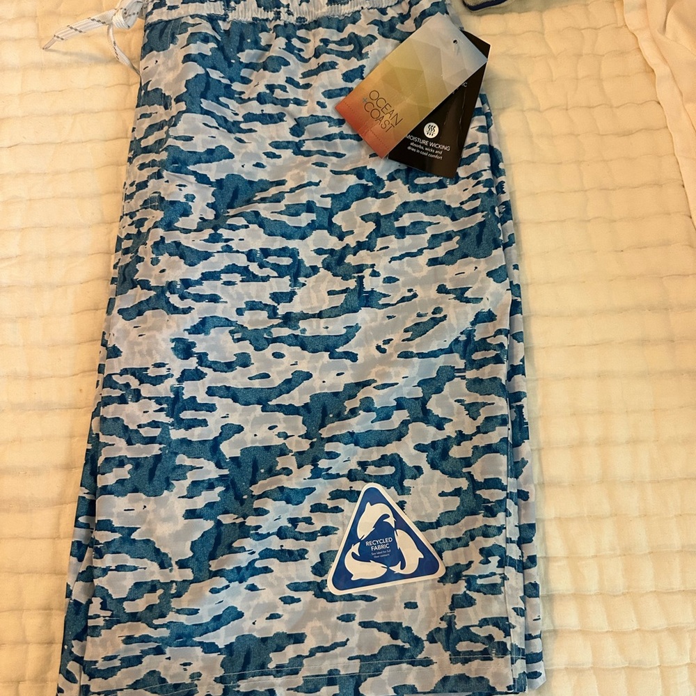 Ocean Current Blue and White Swim Trunks with Digital Camo